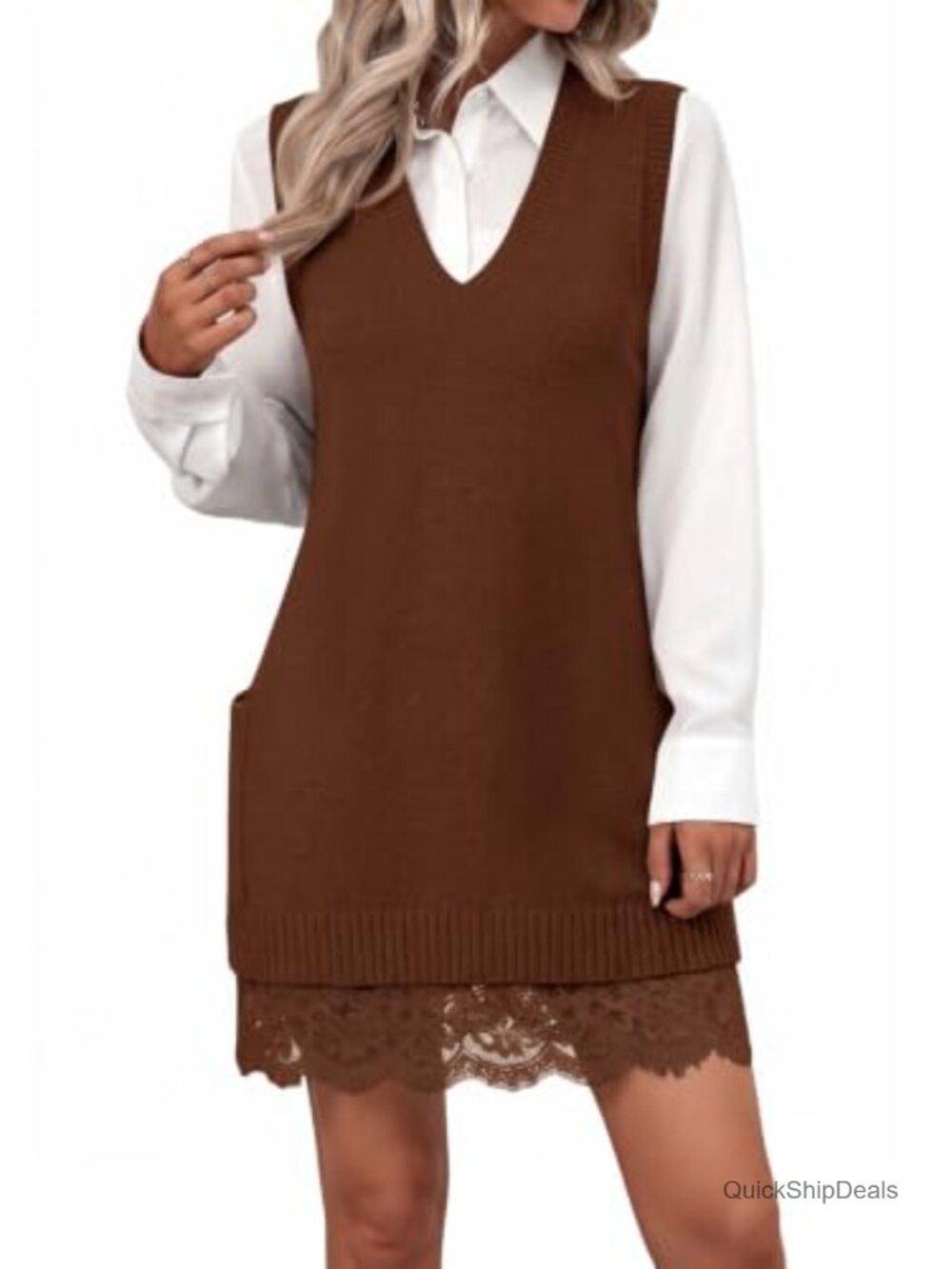 Womens V Neck Tunic Sweater Vest Lace Patchwork Sleeveless Knit Tank